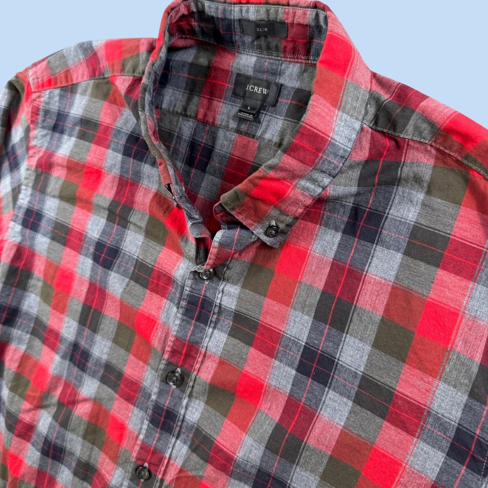 J.Crew Button Down Shirt Men L Slim Fit Red Grey Plaid Cotton Preppy Professor